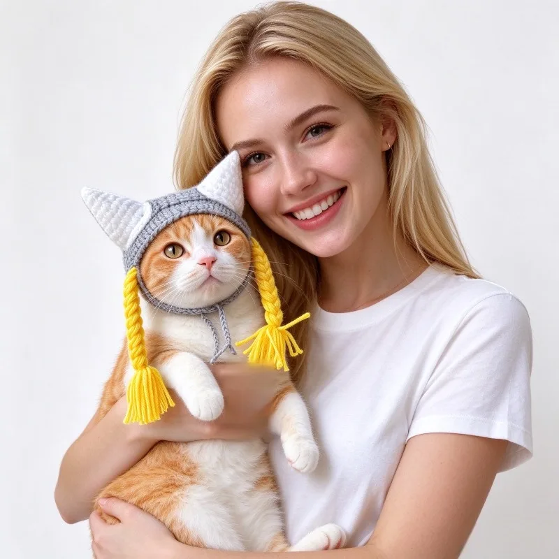Handmade Solid Viking Devil Horn Pet Hat Custom Crochet Braided Pigtails Dog Cat Caps Casual Cosplay Funny Kawaii Pet Costume