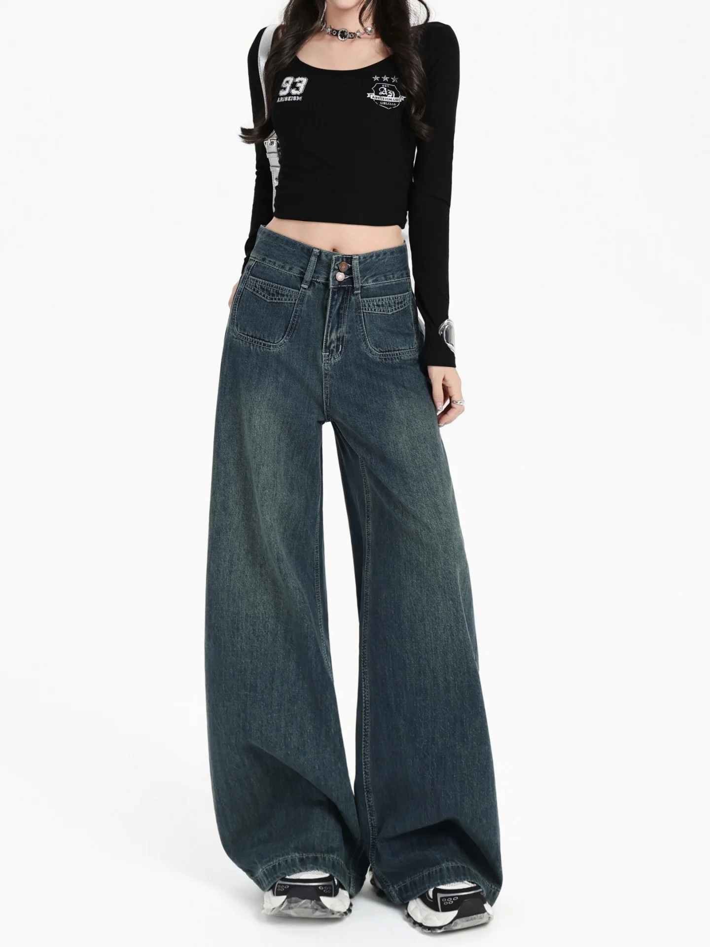 Fce Lined Thi ワイドレッグデニムジーンズ レディース 秋冬 ハイウエスト ルーズ スリム ストレート 大きいサイズ 多用途 ドラフロ...