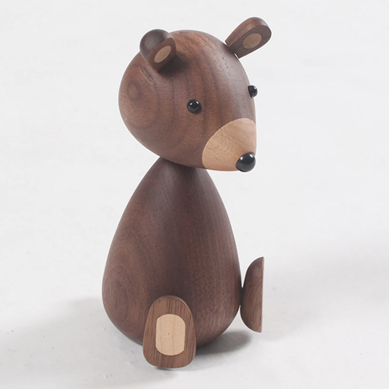 

Cute Bear Figurine Walnut Wood Handmade Wooden Decor with Contrasting Color Home Decoration