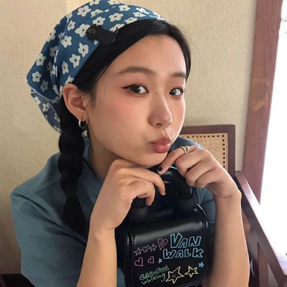 Flower Headband Cotton Linen Square Scarf Pastoral Style Head Scarf Floral Kerchief Neckerchief Scarves Printed Silk Scarf Women view 5