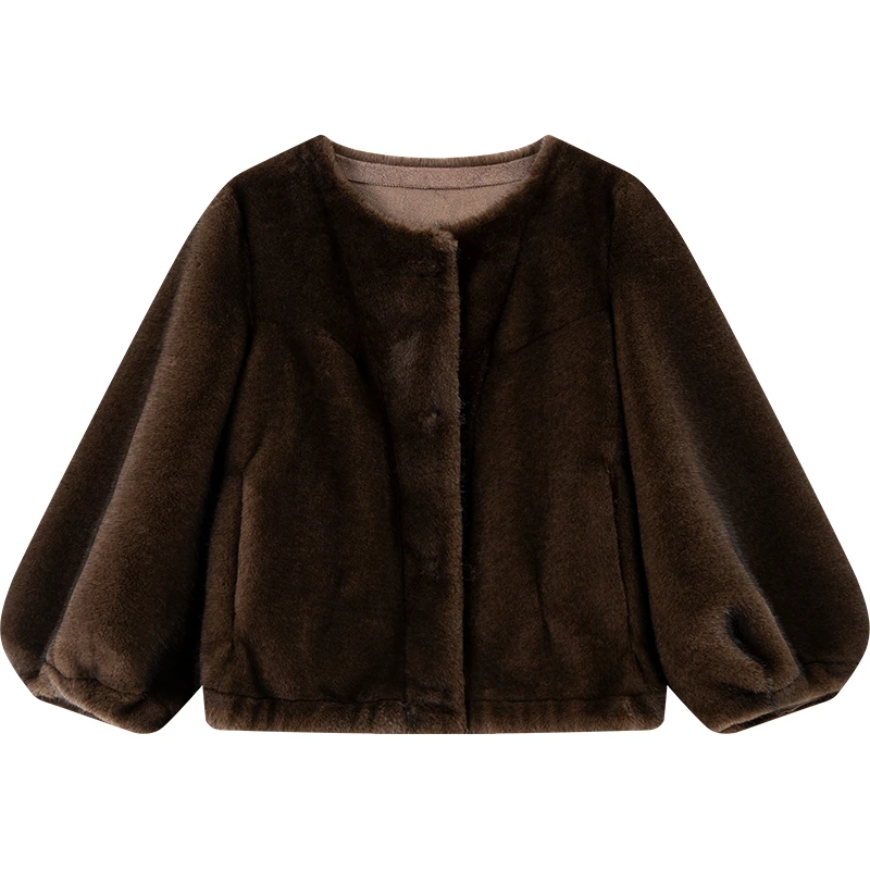 VIMLY Luxury Women's Faux Fur Coats 2025 French Solid Lantern Sleeve Plush Outerwears Round Neck Warm Lady Winter Clothes 30586