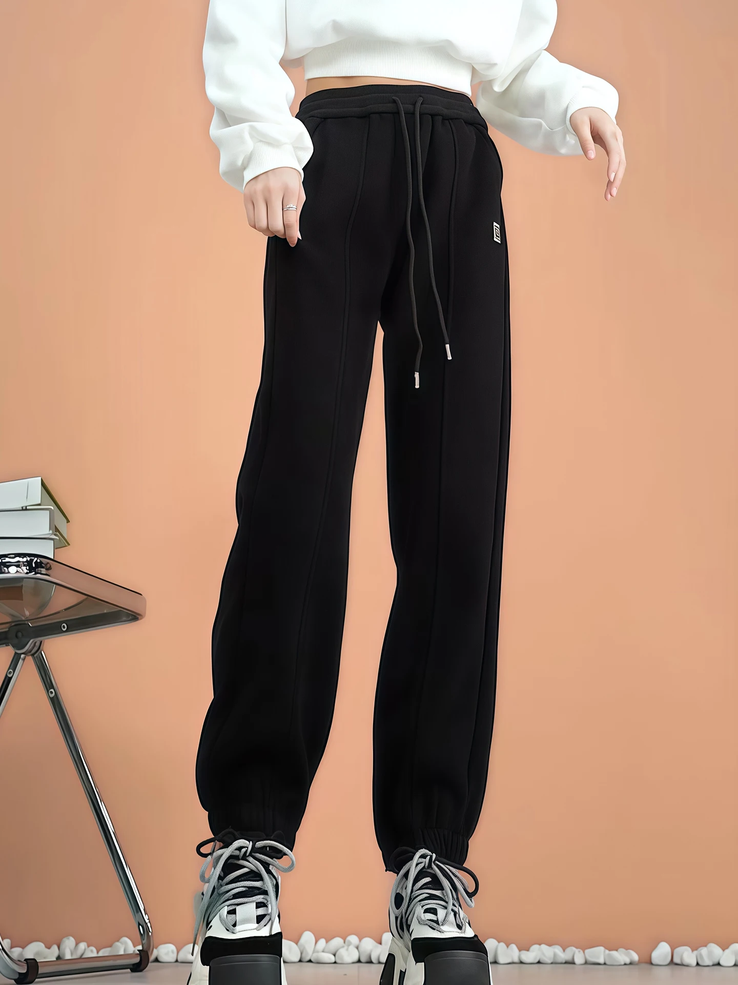 High Waist Straight Leg Cotton Sporty Harem Pants Women's Spring Autumn New Style Slimming Casual Small Size Cuffed Pants