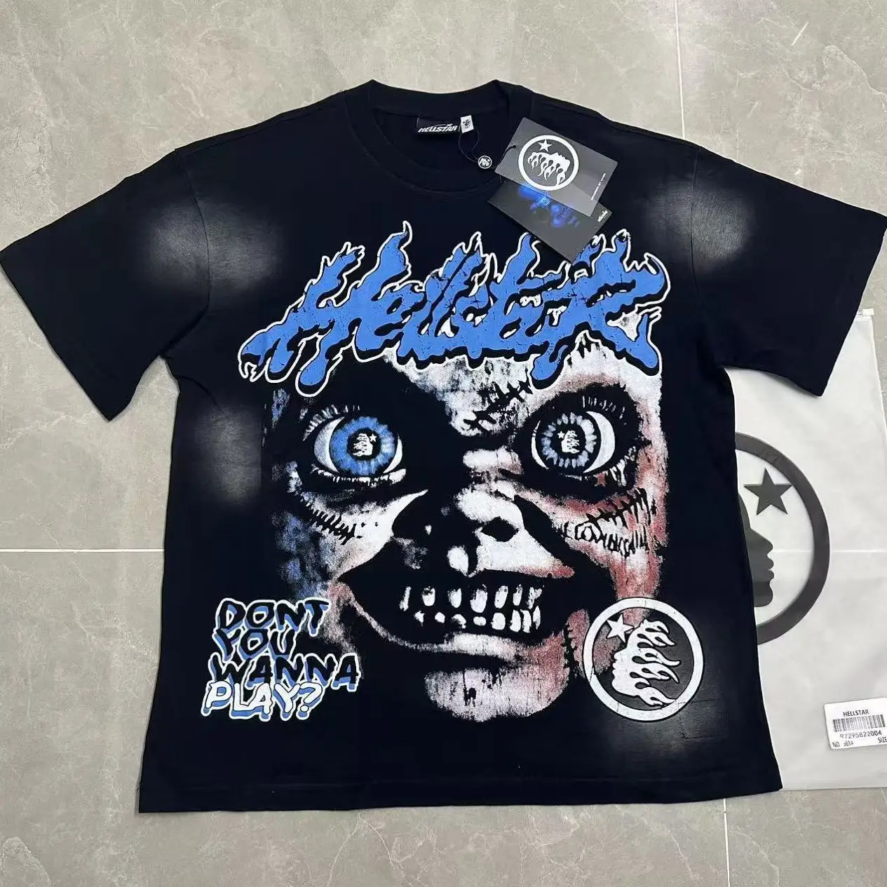 Retro American Streetwear T-Shirt Boys Devil Print Washed Cotton Pure Graffiti High Street Heavyweight Short Sleeve T-Shirt