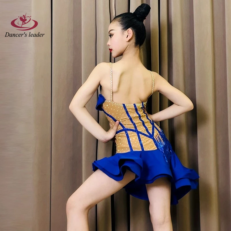 Vestido de dança latina com linhas azuis de alta qualidade, saia espinha de peixe, tango, roupas profissionais de strass para crianças e meninas