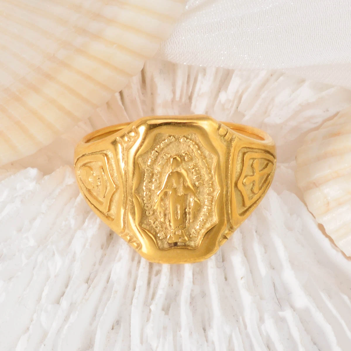 

Virgin Mary Cross 18k Gold Plating Stainless Steel Ring Fashion Talisman Adjustable Ring Jewelry Accessories Gifts