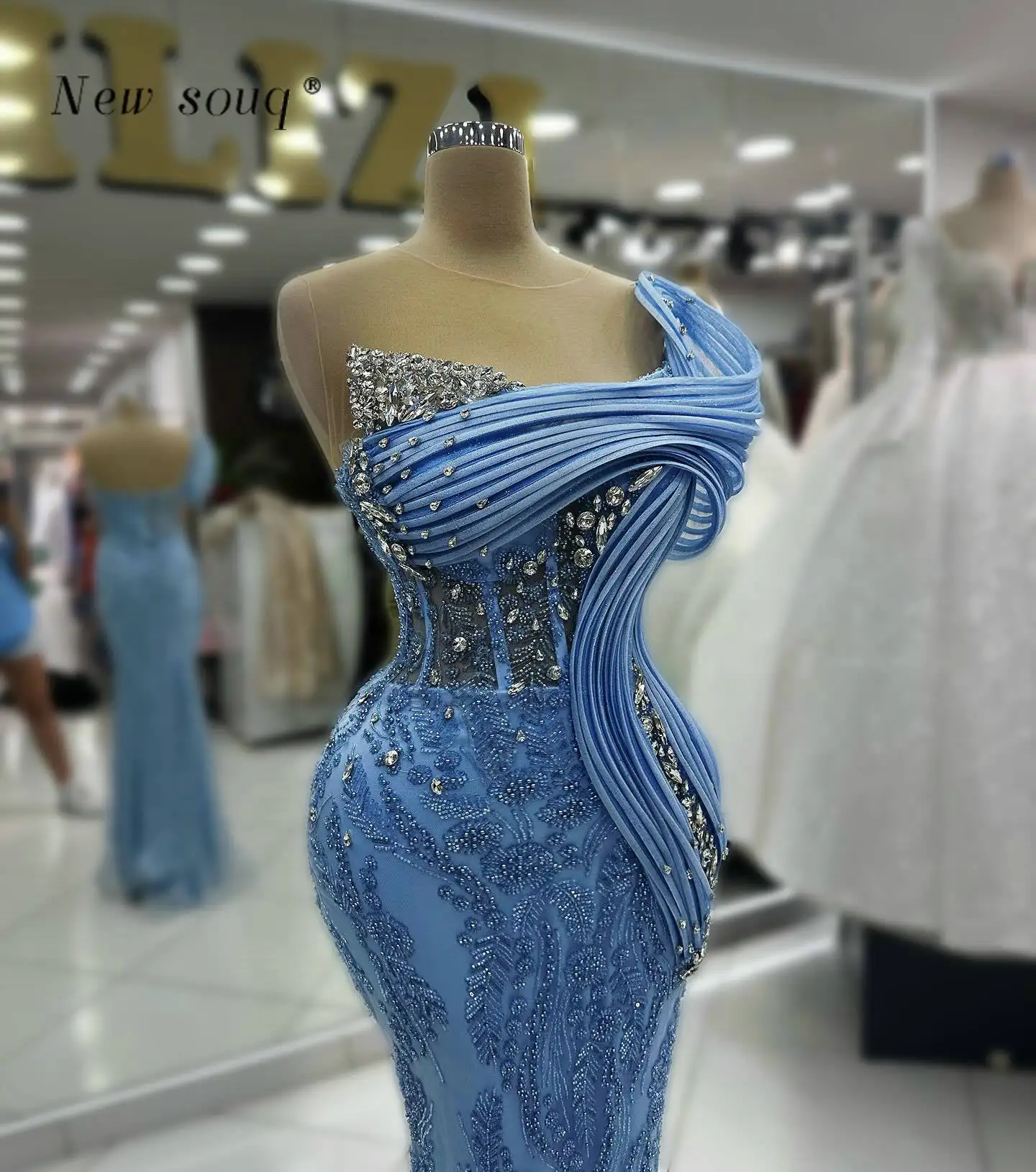 Light Blue Long Mermaid Evening Dresses Arabic Crystals Stones Modern Fashion Luxury Dubai Wedding Formal Party Gowns