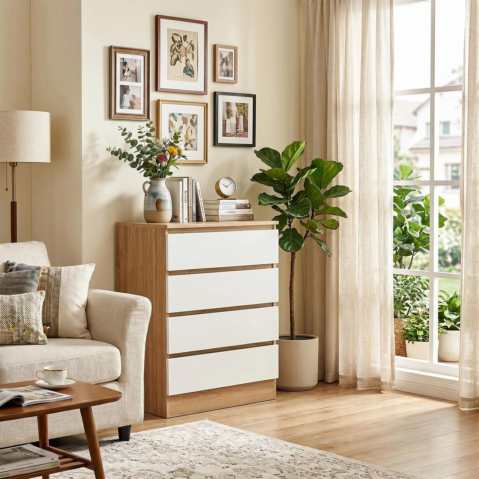 Chest of Drawers Two‑Tone Niche Cabinet,4‑Drawer Freestanding Storage Locker,Wooden Frame with White Drawer Panels,Tall Dresser Organiser,Modern Room Decor for Bedroom Living Room Home Furniture