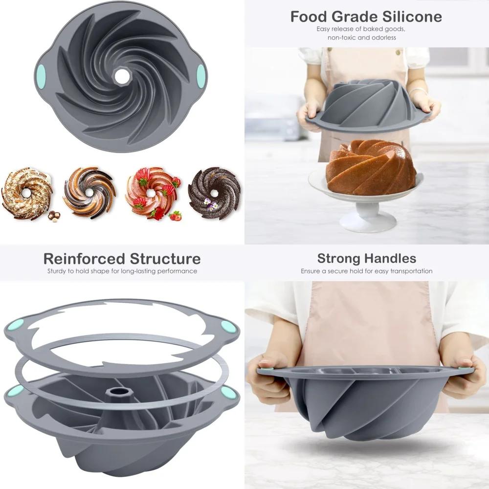 

Silicone Non Stick Fluted Bundt Cake Pan with Heavy Duty Steel Frame Handles Baking Mold for Easy Release Dessert Pan Kitchen