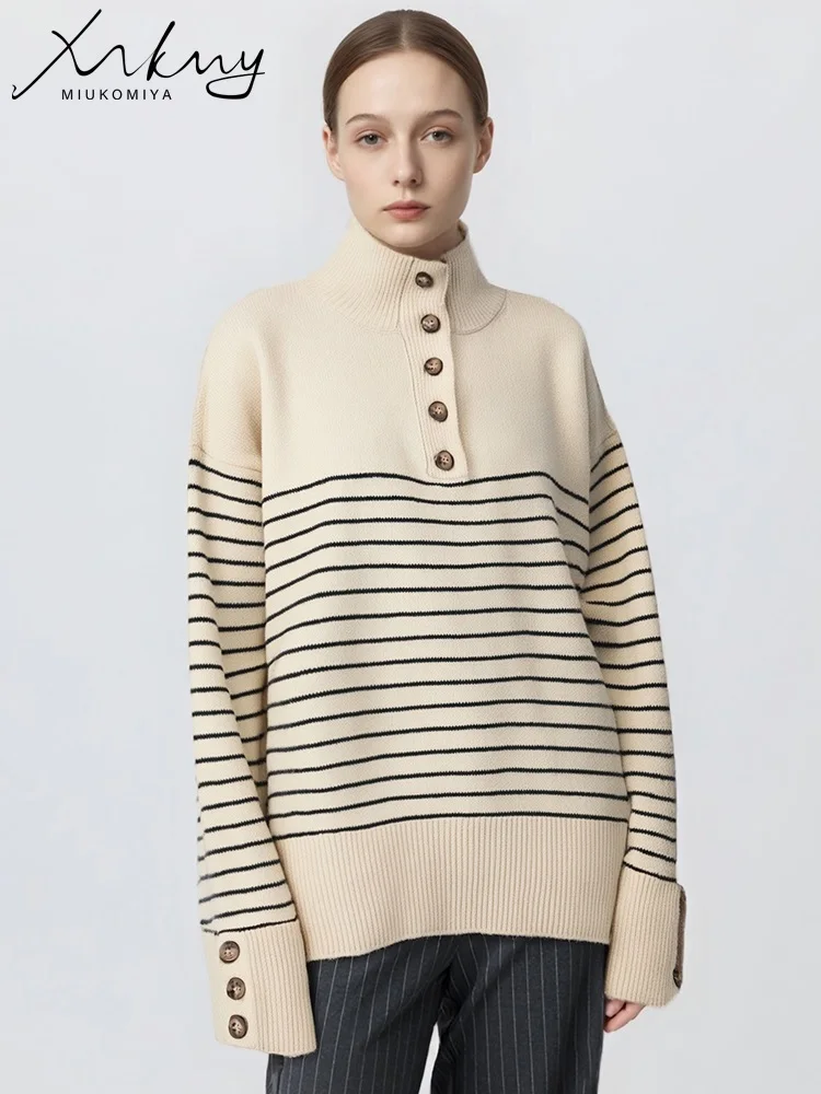 

Turtleneck Striped Button Up Sweaters For Women Autumn Winter Pullovers Warm Gray Button Down Oversized Sweaters For Women Loose