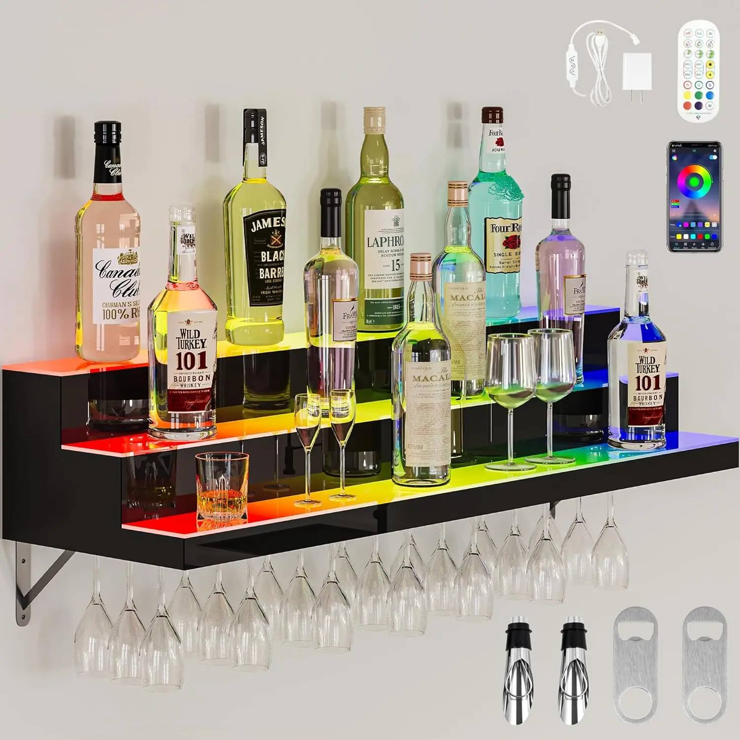 Remote & App Control LED Light Liquor Bottle Display Shelf, 3-Tier 40-inch Bar Shelves Acrylic Liquor Shelf w/Wine Holder Slots