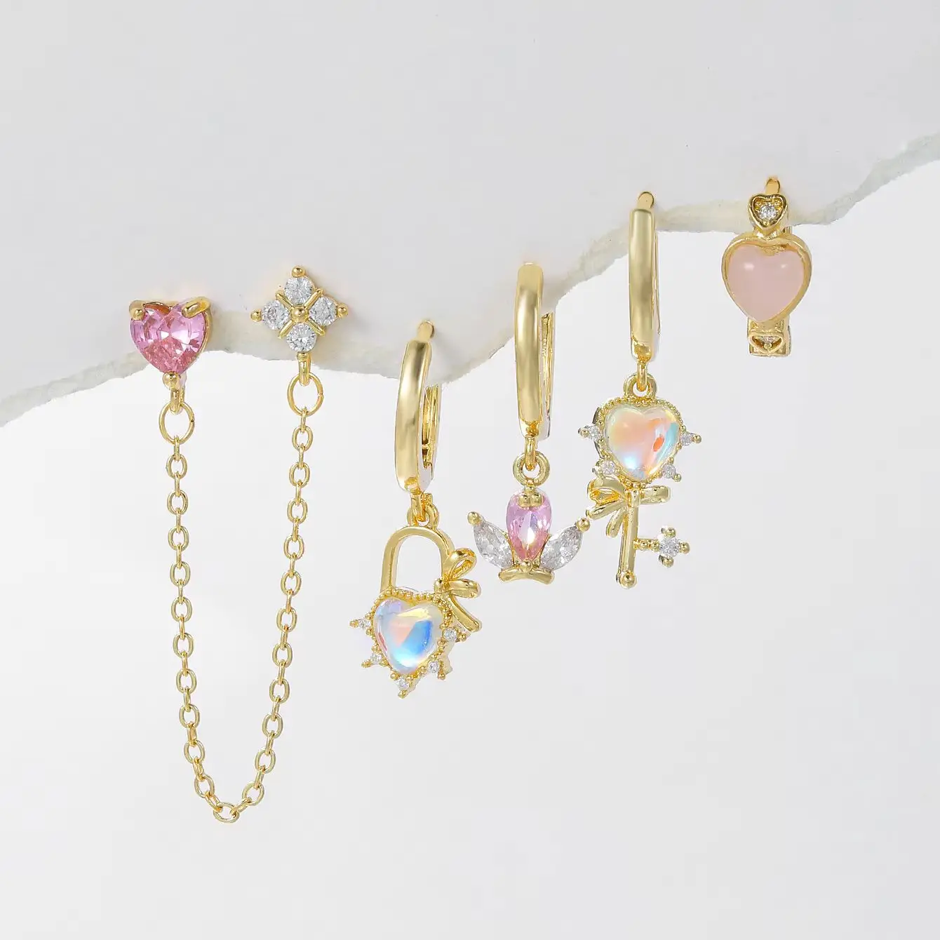 New Cute Pink Heart Moonstone Zircon Earrings Set for Women Magic Key Lock Tassel Chain Earrings Fashion Jewelry