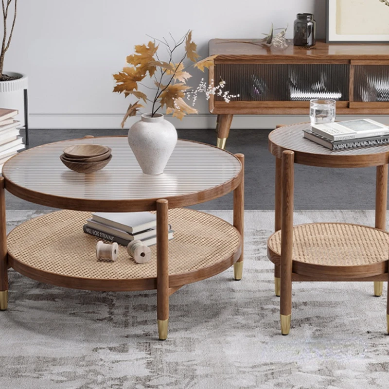 Nordic Solid Wood Round Coffee Tables Japanese Home Furniture Rattan Corner Table Modern Simple living room Glass side Table