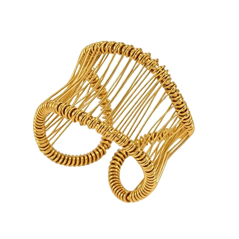 Minimalist Wire Cuff Bracelet for Women, Gold Tone Stainless Steel Open Wrist Jewelry for Work and Casual Looks E0BF
