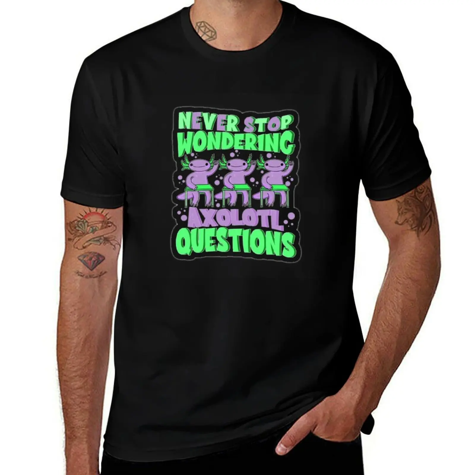 

Футболка Never Stop WonderingAxolotl questions с аниме-фигурами, корейские модные футболки, мужская футболка, футболки для мужчин