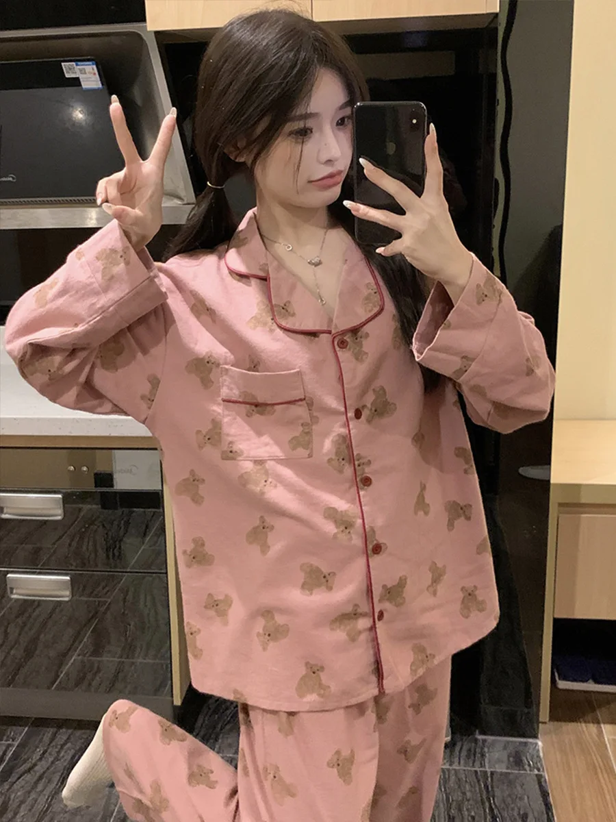 Korean Ins Style Cute Bear Pajamas Women\'s Spring and Autumn 2024 New Brushed Long Sleeve Long Pants Loungewear Set