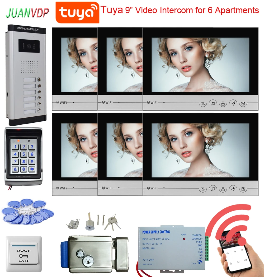 

Дверной видеодомофон 6v6, Wi-Fi, 9 дюймов, проводной, с управлением через приложение