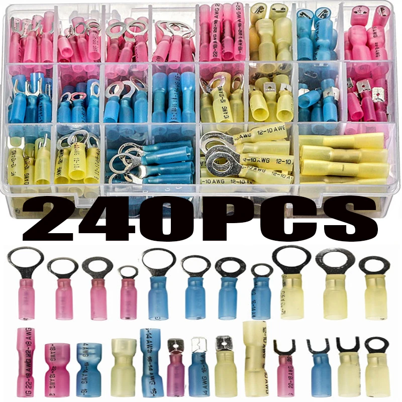 

240pcs Insulated Butt Wire Connector Heat Shrink Crimp Terminals Kit Male Female Electrical Cable Spade Ring Fork Terminal