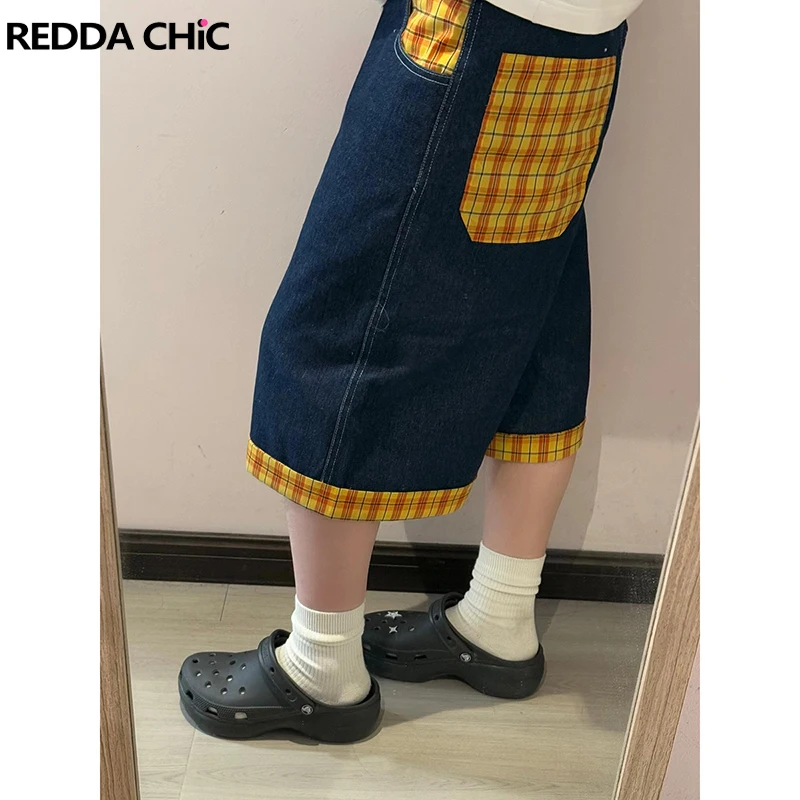 ReddaChic Plaid Pockets Bermuda Pants Women's Jean Shorts Low Rise Patchwork Contrast Wide Leg Jorts Casual Summer Streetwear