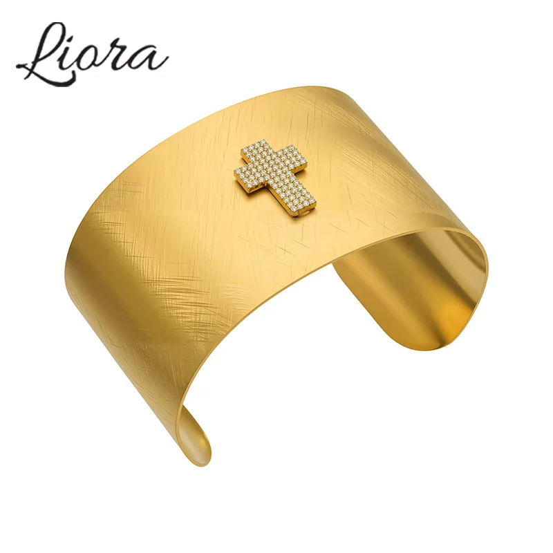 Bracelets larges pour femmes Liora en zircone cubique, plaqués or PVD, étanches, en acier inoxydable brossé, sans ternissement