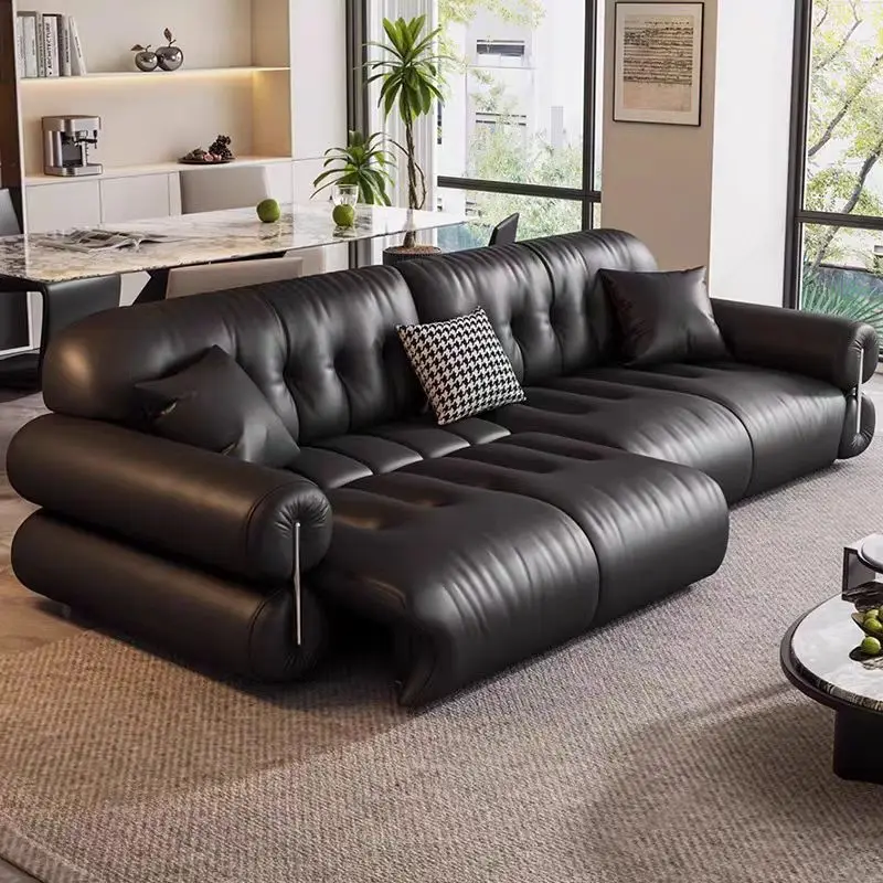￥%2025 Latest Black Leather Sofa Bed Multi-purpose Home Leather Intelligent Retractable Electric Sofa Living Room Functional