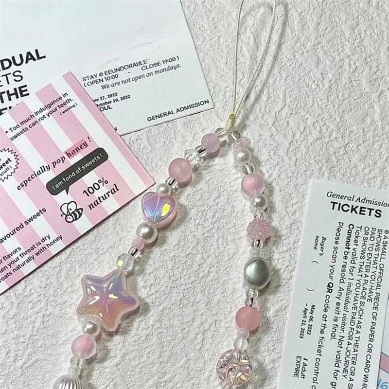 Korean Y2K Cute 3D Pink Star Heart Beaded Phone Chain Charm Lanyard For iPhone Samsung Universal Anti-Loss Hanging Rope Jewelry