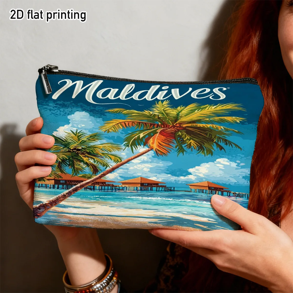 Maldives Beach Scene Makeup Bag Durable Polyester Duplex Prints Tropical Palm Trees Lightweight Cosmetic Organizer Vacation Gift