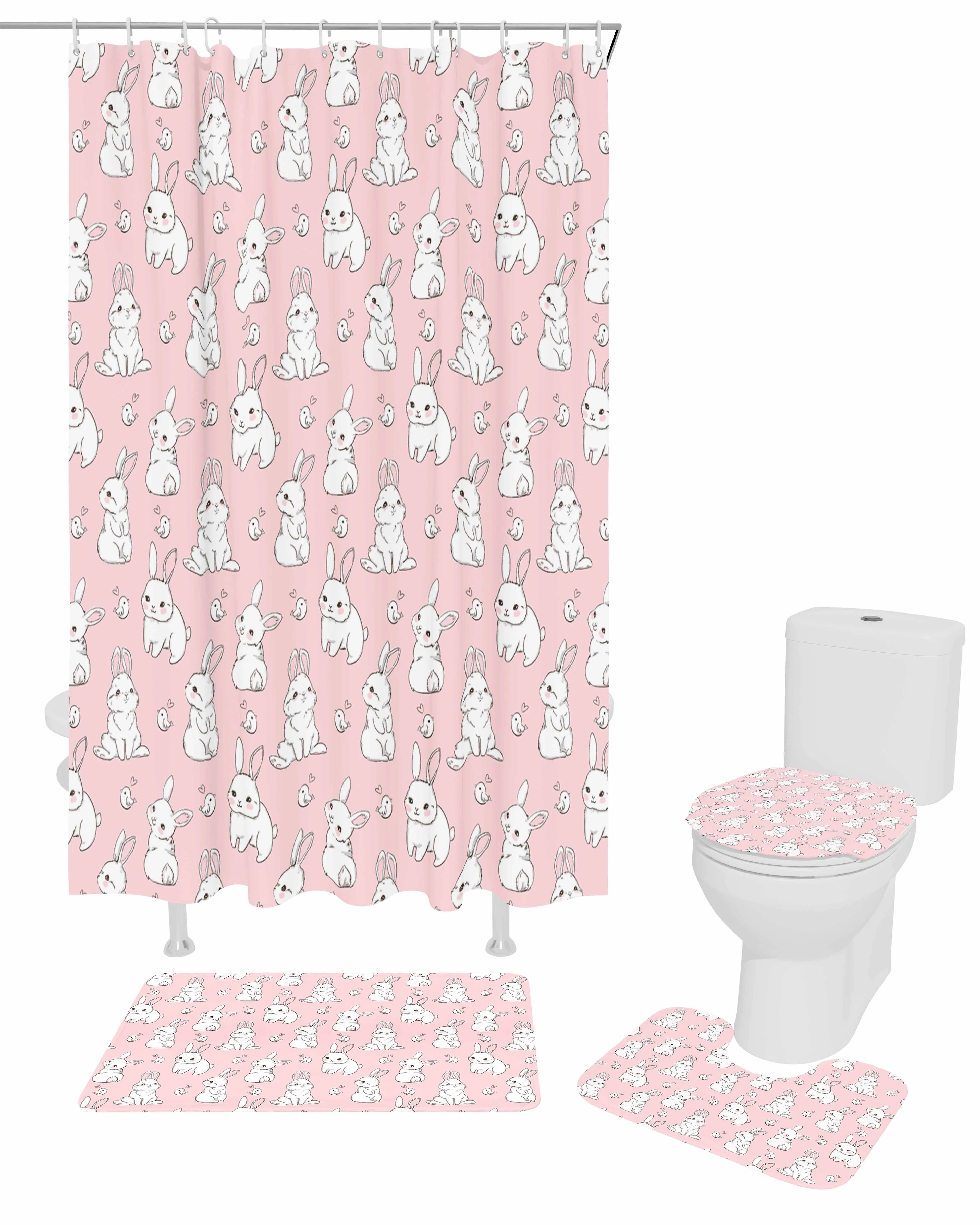 Pink Bunny Texture Shower Curtain Non-Slip Rugs Toilet Lid Cover and Bath Mat Bathroom Curtains with Hooks