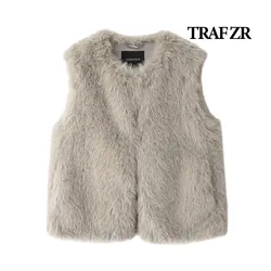 TRAF ZR Padded Vest Winter Coat Female Women's Warm Vest Waistcoat Women Vintage American Vest Artificial Fur O-neck Vests