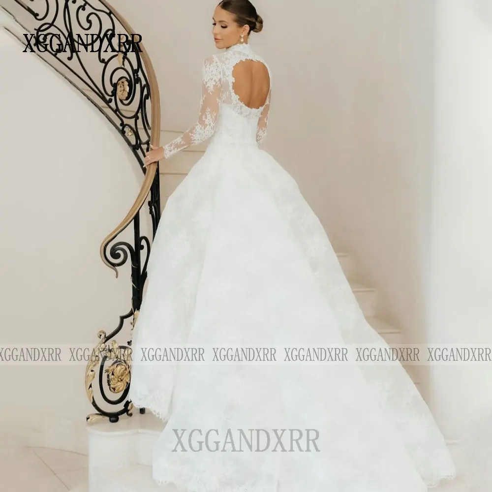 XGGandXRR Abito da sposa elegante in pizzo con collo alto personalizzato Abito da sposa a maniche lunghe per donna Abito da sposa a trapezio lungo fino al pavimento