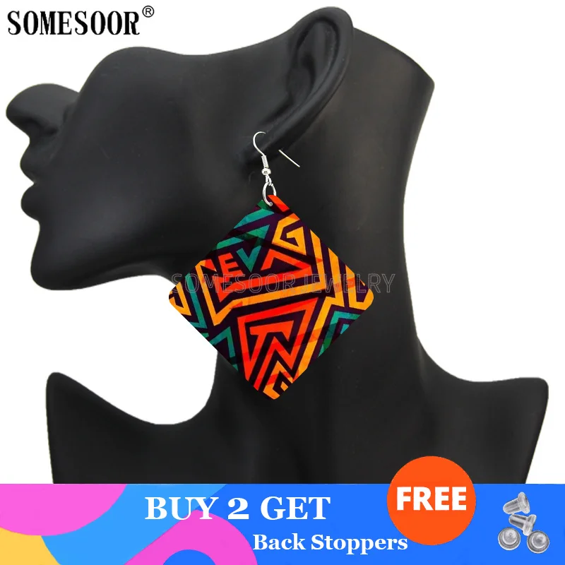 SOMESOOR Geometric African Fabric Style orecchini pendenti in legno bohémien ciondolo quadrato etnico Afro ciondola i gioielli per i regali delle