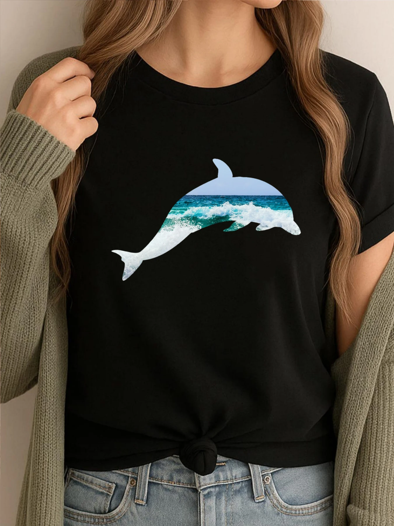 

Dolphin Diving Through The Waves Mens Korean Fashion Designer Clothes Men Graphic Tees Mens High Quality Printed Tops