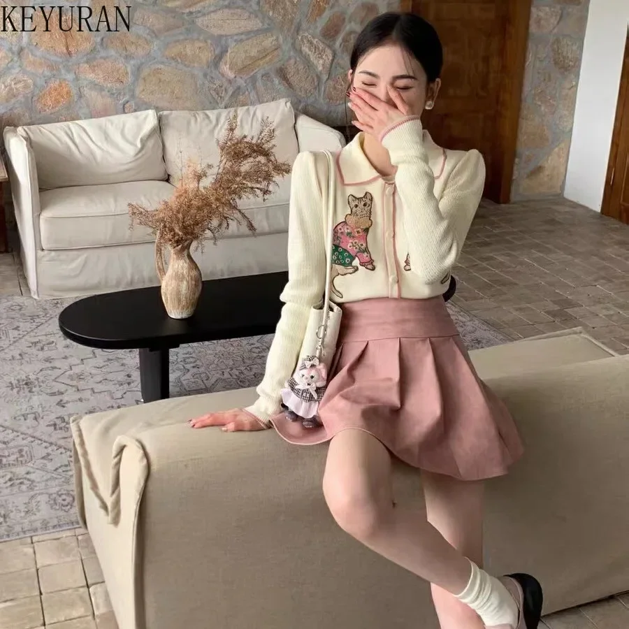 Autumn Cartoon Cat Embroidery Knitted Cardigan Women Sweater Vintage Peter Pan Collar Long Sleeve Knitwear Crop Tops Y2k Jumper