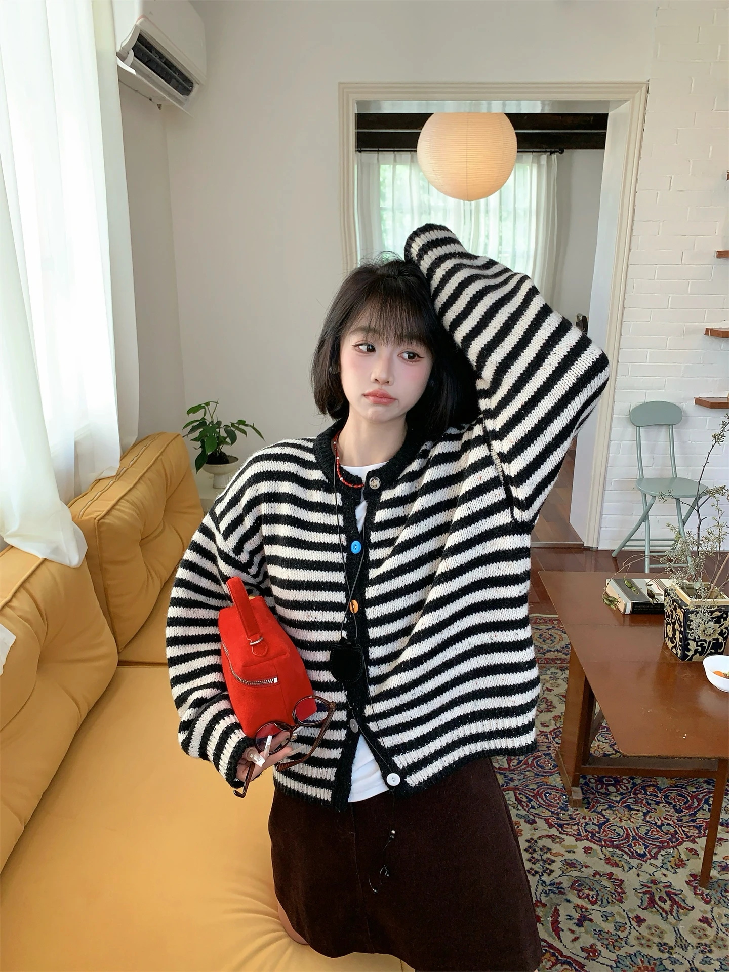

Soft Cozy Striped Sweater Jaet Women's Loose Long Sve Autumn Versatile Knitted Top Commute Sle round Ne Single Button