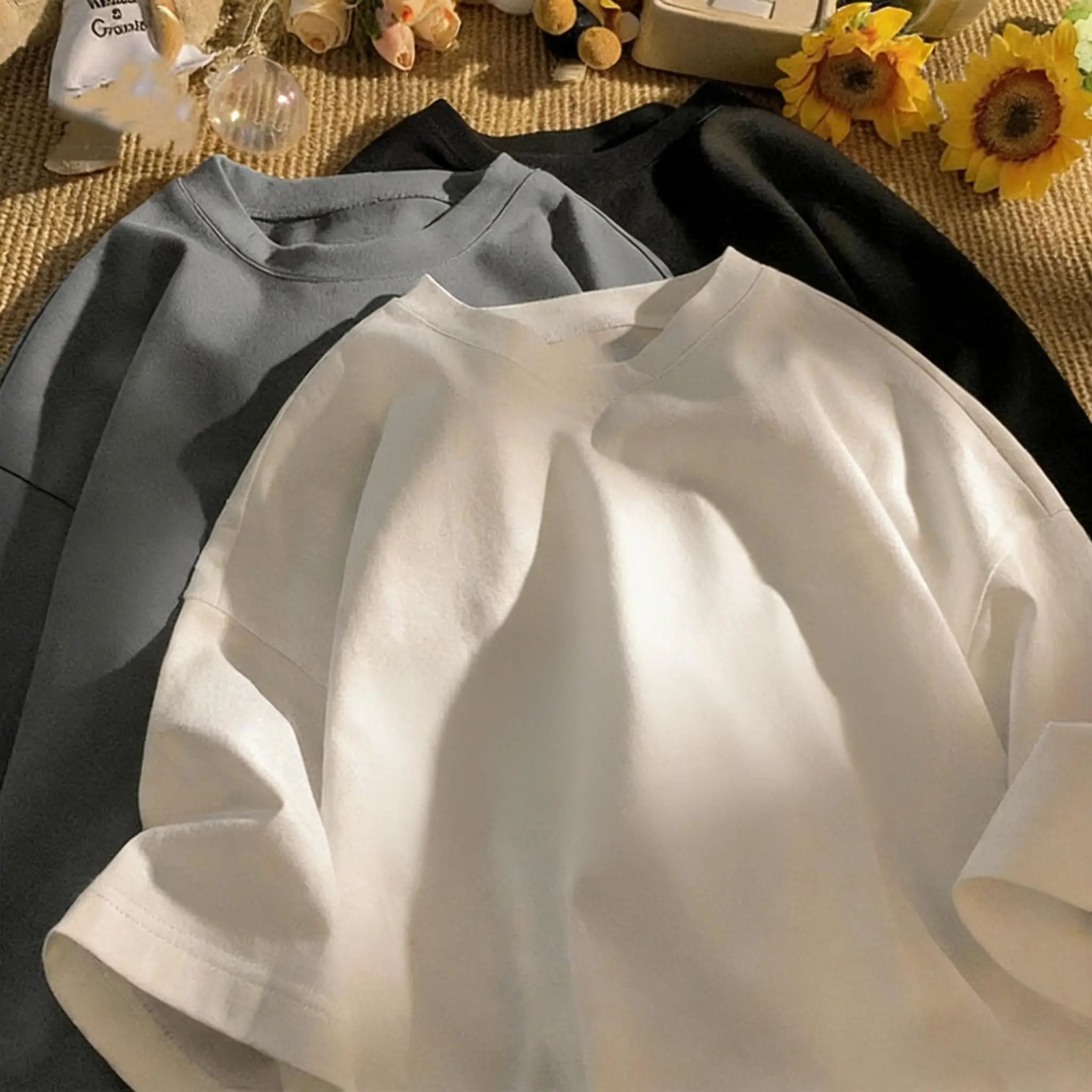 Solide T-Shirts aus 100 % Baumwolle für Herren, Retro-Stil, Bonbonfarben, übergroße kurze Ärmel, modische Paarkleidung, Unisex, weiche Basic-Kleidung