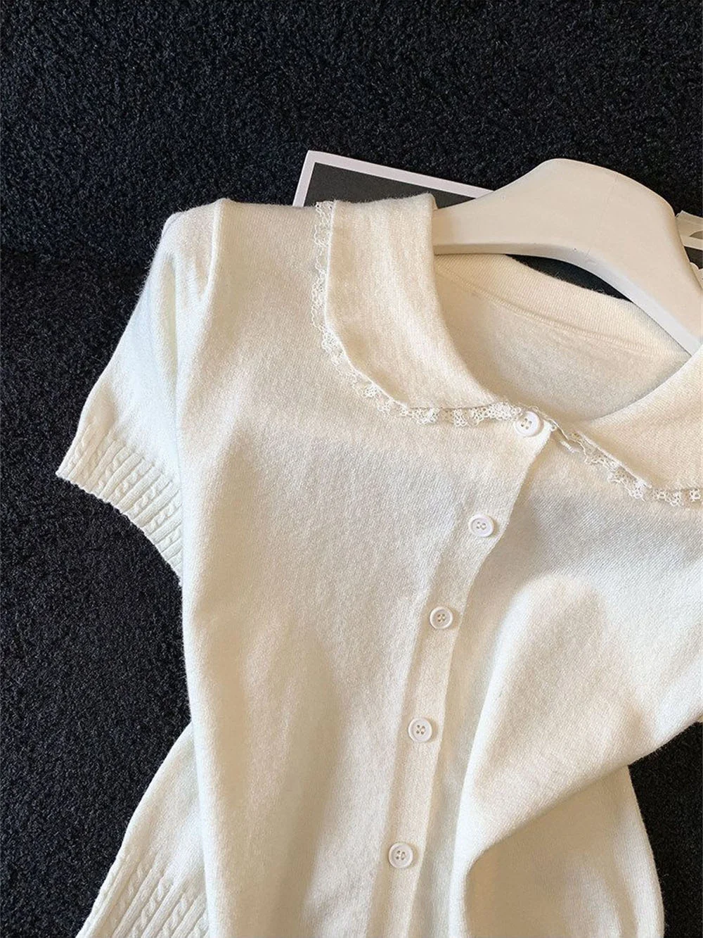 Summer Lapel White Lace Trimmed Short Sleeve T-shirt Women's Outerwear Slim Fit Ort Knitted Top Korean Style Commute Fashion