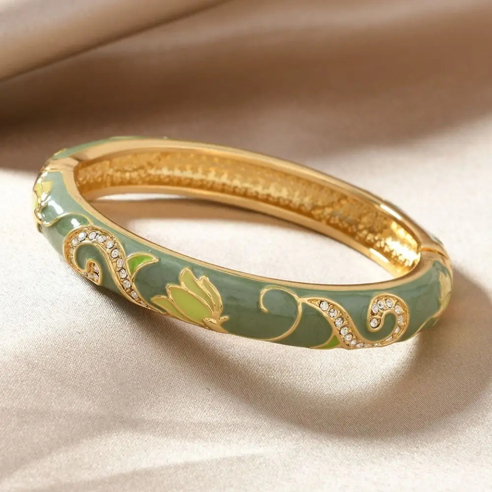 

Classic Enamel Chinese Cloisonne Bracelet Open Vintage Lotus Flower Bangle Traditional Ethnic Cheongsam Bracelet Banquet