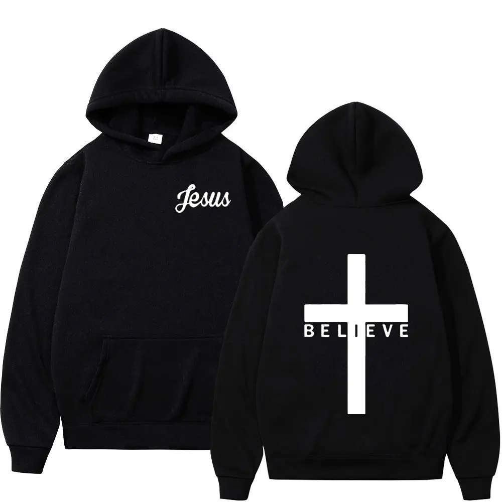 Believe Cross Jesus Christian Hoodies Bible Verse Mens Women Clothing Fashion Vintage Sweatshirts Casual Pullovers Streetwear