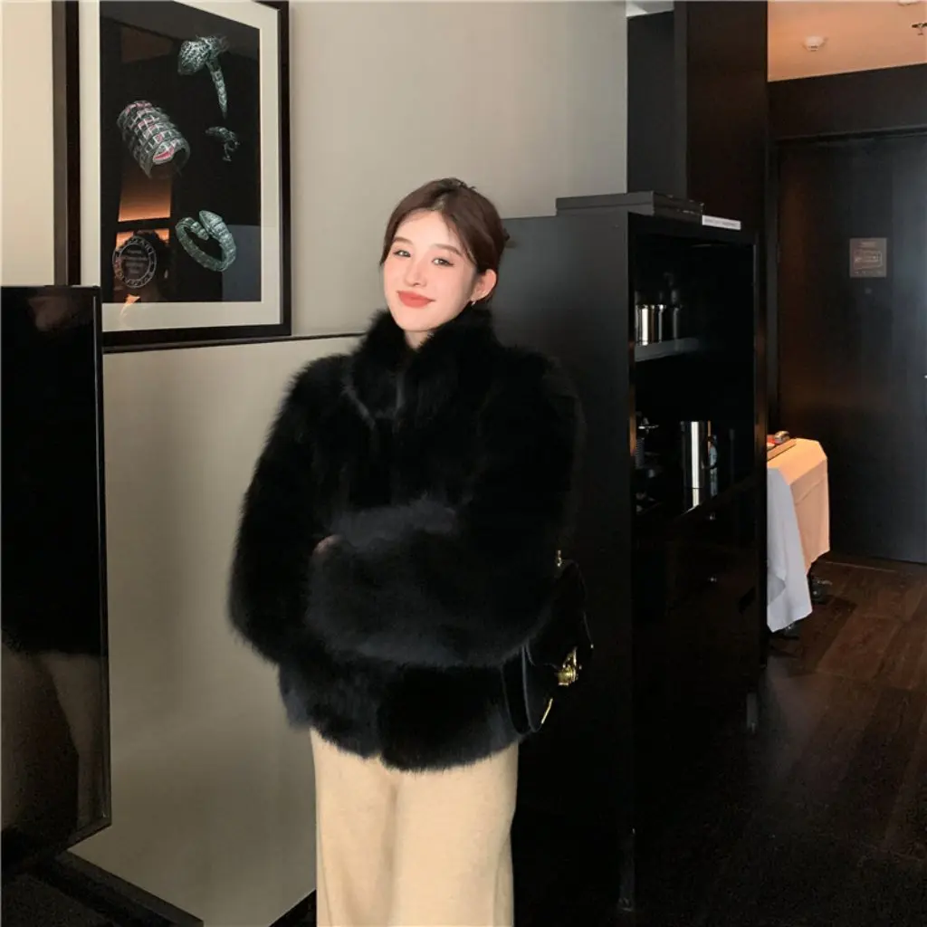 

Women's Fashion Faux Fox Fur Coat Thickened Short Stand Collar Winter Outerwear New Style