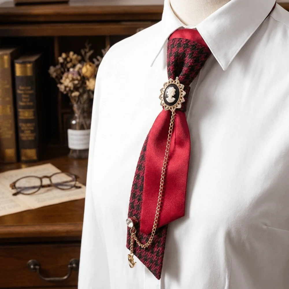 Chic Y2K Preppy Necktie Oval Rhinestone Chain Plaid Bow Tie Adjustable Strap Multiple Colors Decorative Neck Tie Daily Wear
