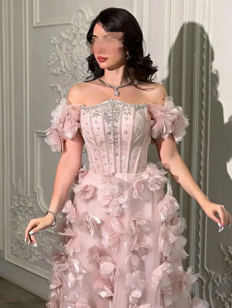

Luxury 3D Flower Blush Pink Evening Dresses Off-Shoulder Prom Dresses Crystal Beaded Corset Party Wedding Dresses