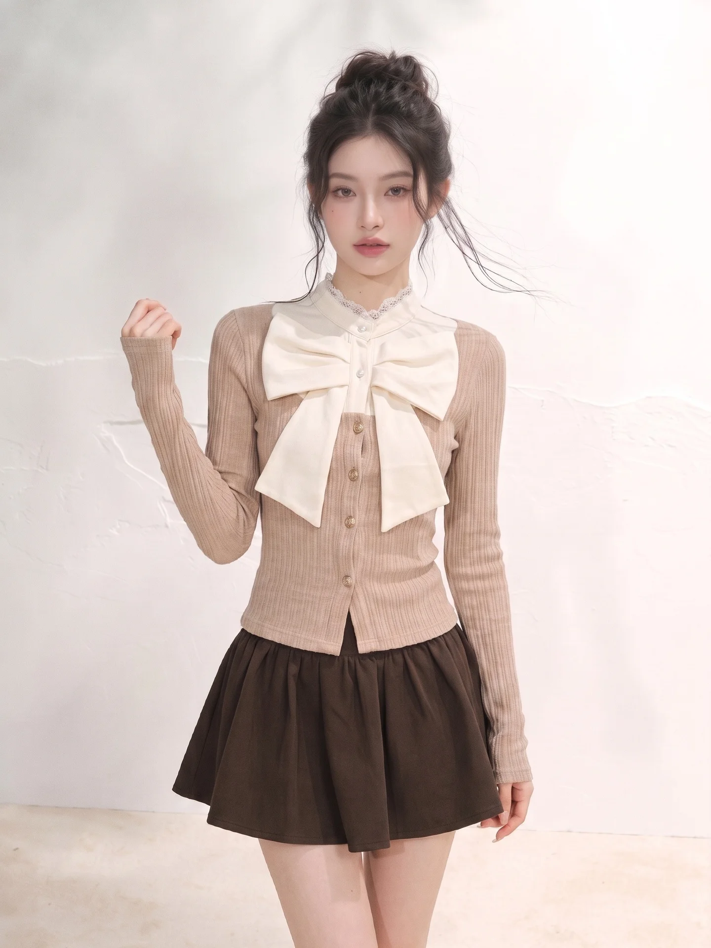 Fashionable Long Sleeve Knot Slim Fit T-Shirt Women's Early Autumn New Style Korean Dress Design Breathable Knitted...