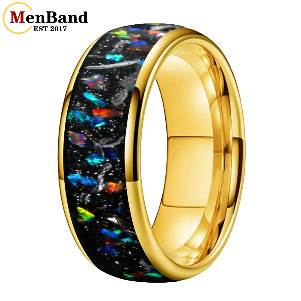 

MenBand 4/6/8MM Meteorite Galaxy Opal Inlaid Dome Polished Gold Tungsten Ring for Men And Women, Engagement And Wedding Ring