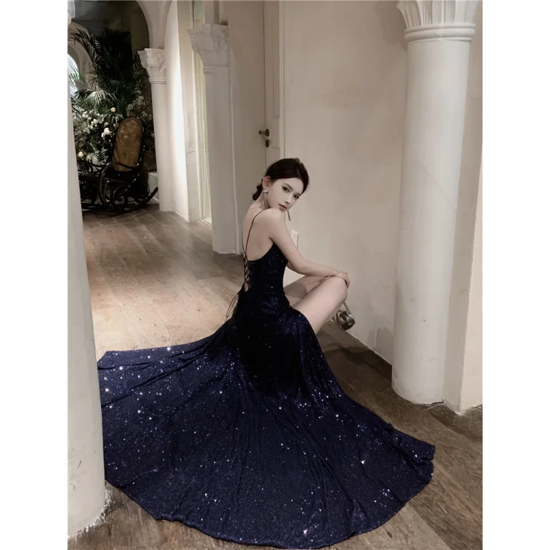 Real Shot 'Undersea' Birthday Party Graduation Evening Dress Floor-Length Spaghetti Strap Sequin Dress Adult Ceremony