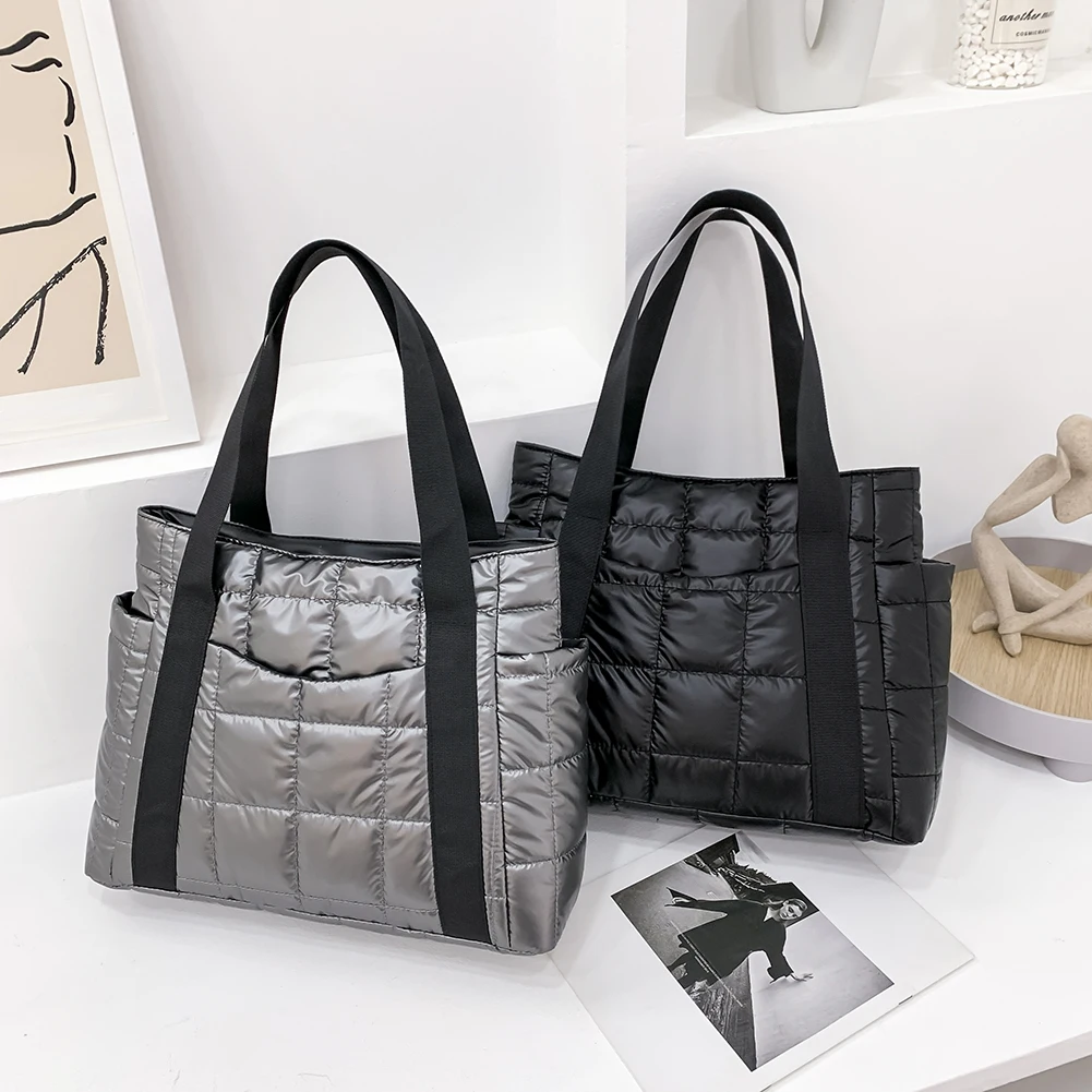 Autumn Winter Nylon Women Large Capacity Handbags Casual Quilted Lattice Shoulder Bags Female Solid Color Shopping Tote Bags