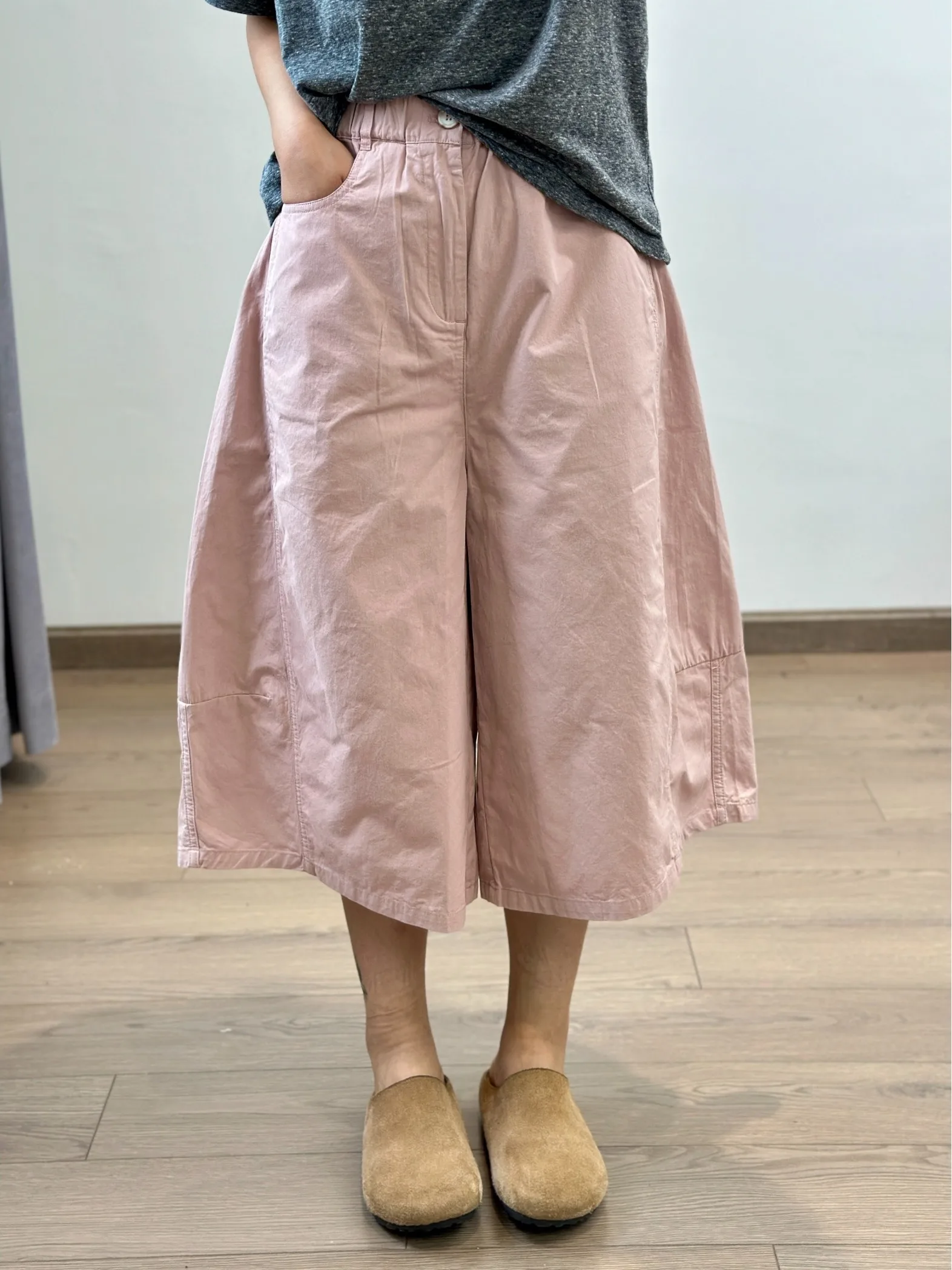 伸縮性ウエストワイドレッグパンツルーズフィット痩身和風夏カジュアルパンツ女性用通勤ファッションポケットディテール