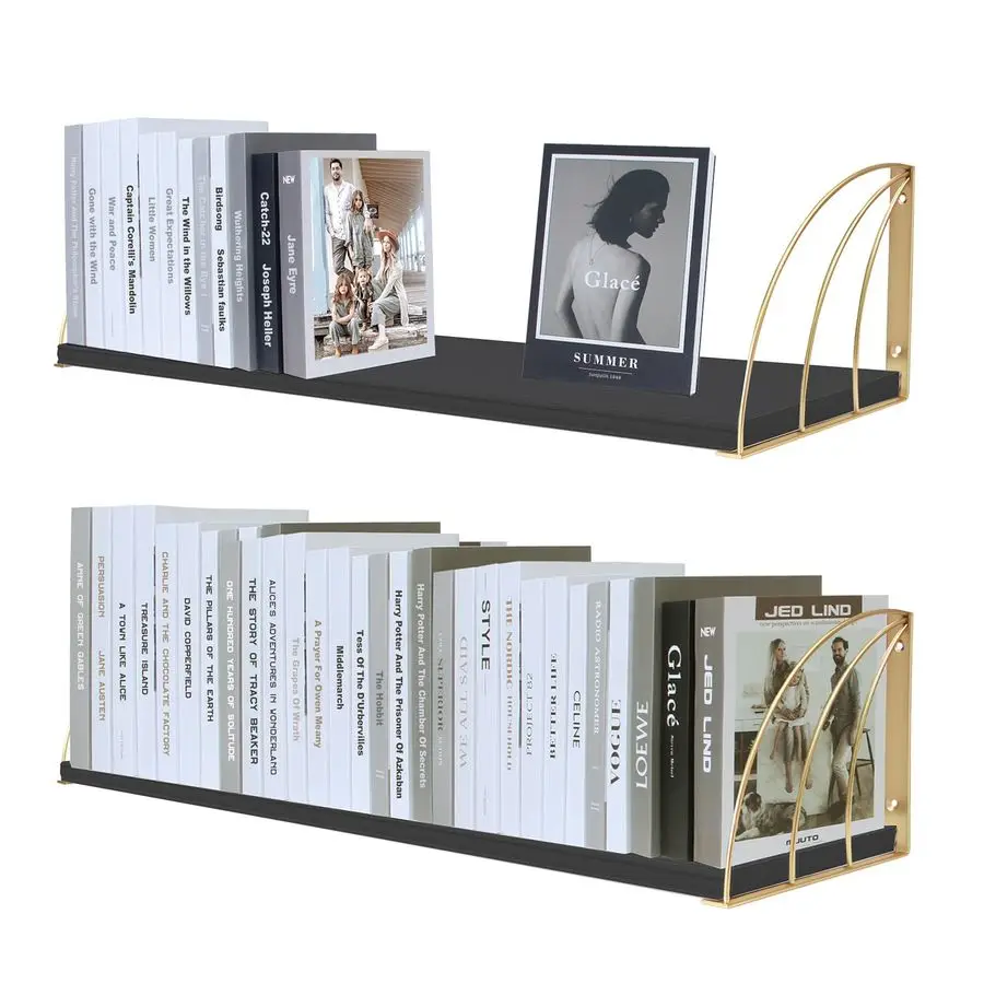 

Bookshelf Black Gold Floating Shelves Pine Wood Large 31.57.87 Inch Floating Bookshelf with Elegant Lines,Book Shelf for Wall,Bl