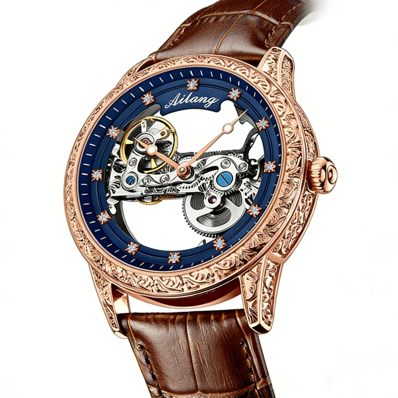 

AILANG Top Brand Rose Gold Vintage Skeleton Design Men Watches Automatic Mechanical Watch Waterproof Leather Watches Reloj