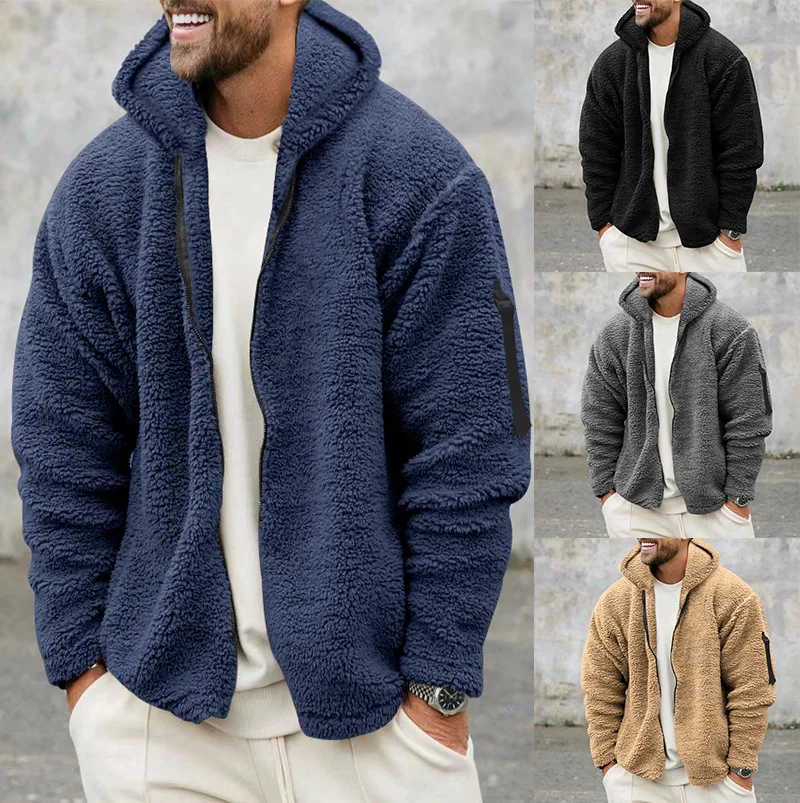 2025 New Solid Color Versatile Jacket Men's Autumn and Winter Double-sided Velvet Warm Jacket Amazon Loose Hooded Casual Jacket