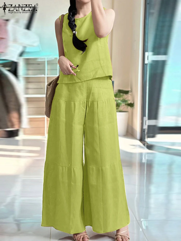 

2025 ZANZEA Fashion Women Pant Sets Elegant Solid Color Two-piece Outfits Summer 2pcs Casual Sleeveless Tank Tops and Long Pants