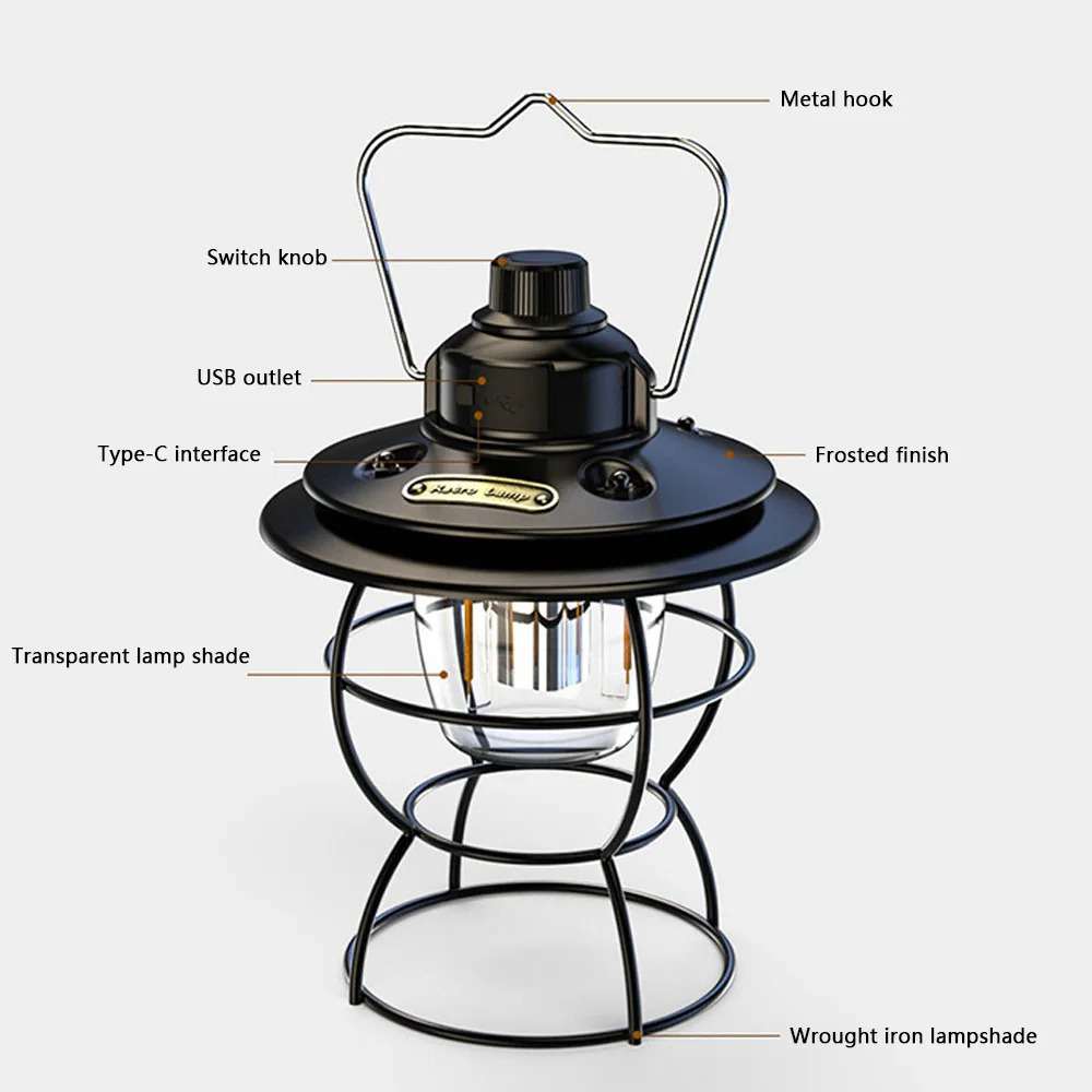 Lampe de cheval LED aste vintage, lumière ambiante, lumière de tente de camping en plein air, éclairage de confrontation